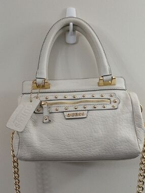 GUESS Genuine Leather Ivory Satchel with Gold Accents and Chain Strap